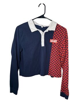 Vans Crop T-Shirt Women’s Size Medium Long Sleeve Logo Checkered Red Blue White